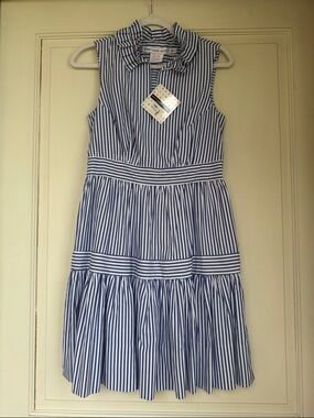 New With Tag Blue & White Striped Sleeveless Cotton Midi Dress